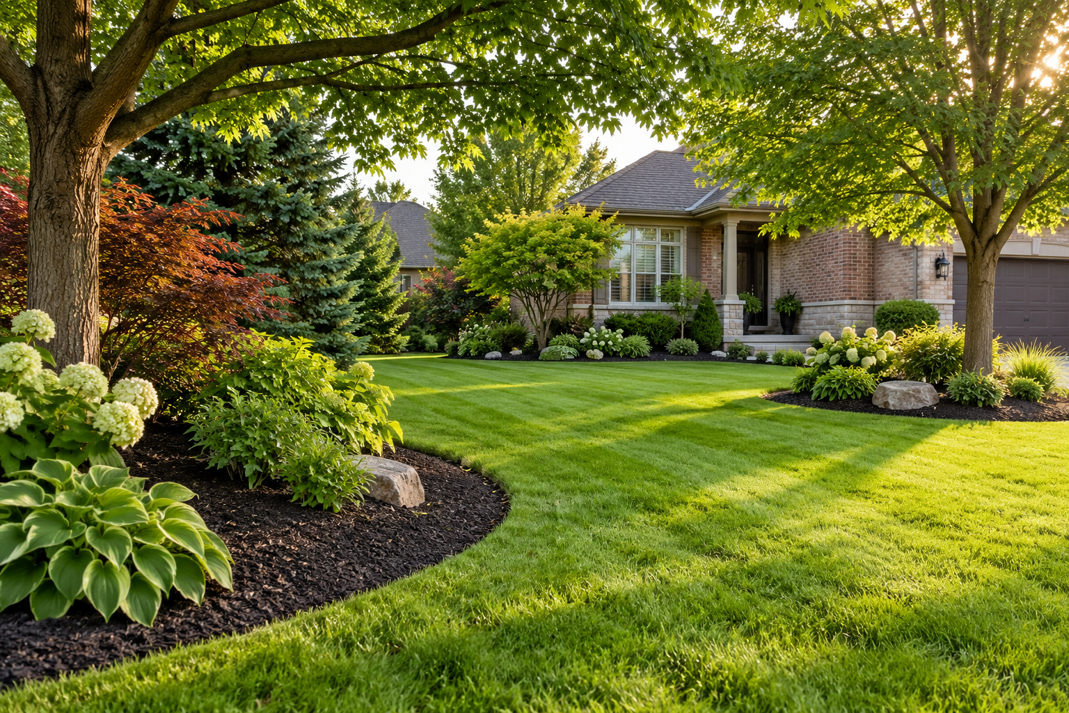 Illustrative landscape with a freshly cut lawn, curved garden beds and a suburban brick home