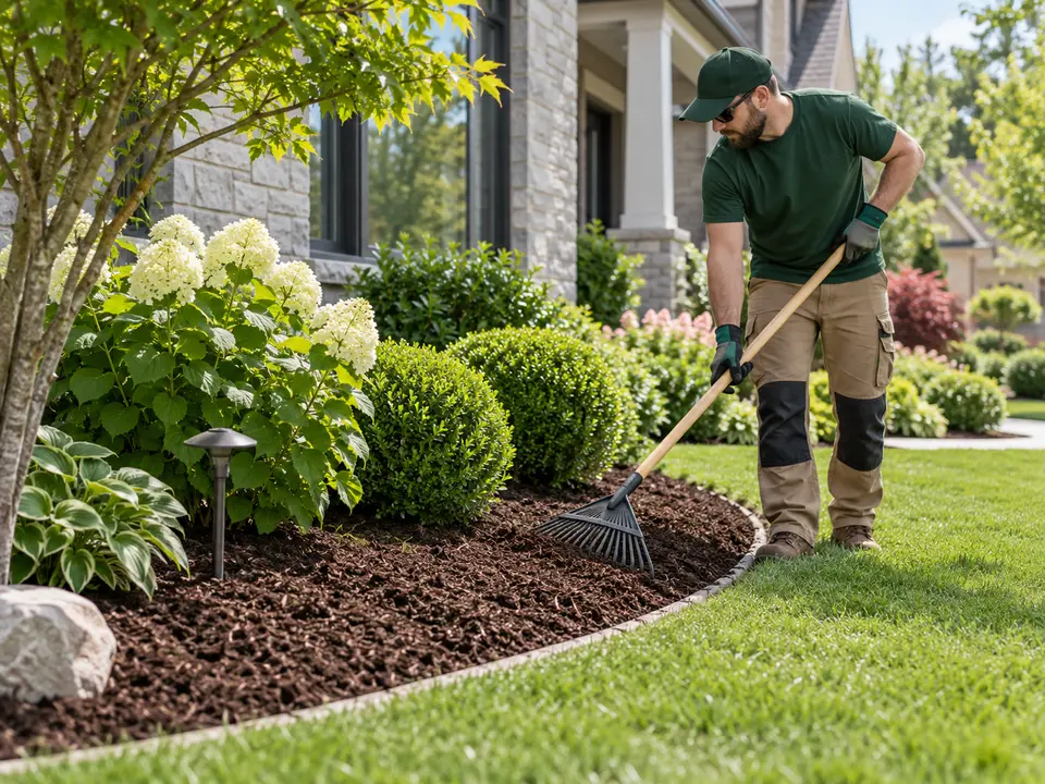 Landscaper spreading mulch in a curved garden bed