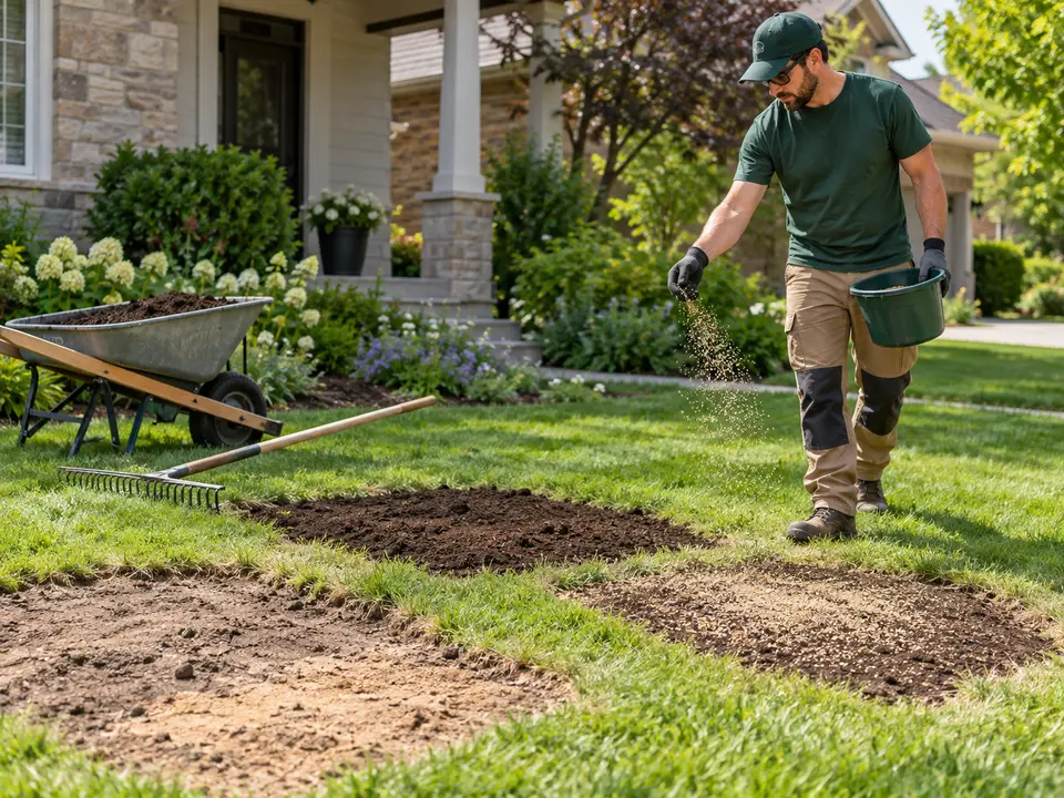 Landscaper preparing a lawn with soil and grass seed