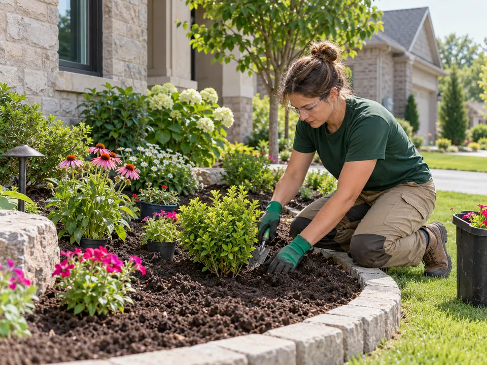 Landscaper planting flowers in a residential garden bed