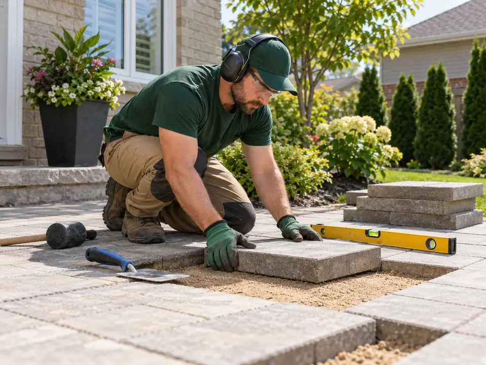 Landscaper relaying pavers in a residential walkway