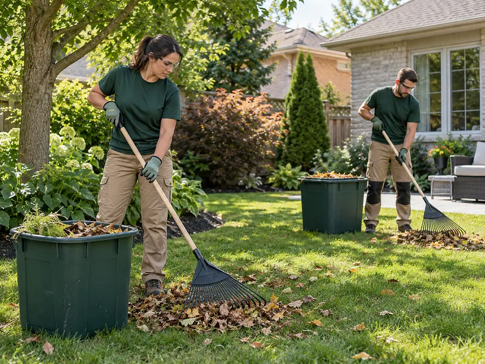 Two landscaping workers completing a residential yard cleanup
